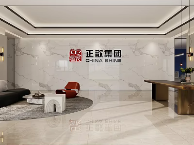 Elegant Modern Corporate Reception Lobby With Marble Logo Wall And Stylish Comfortable Lounge Furniture 3d model