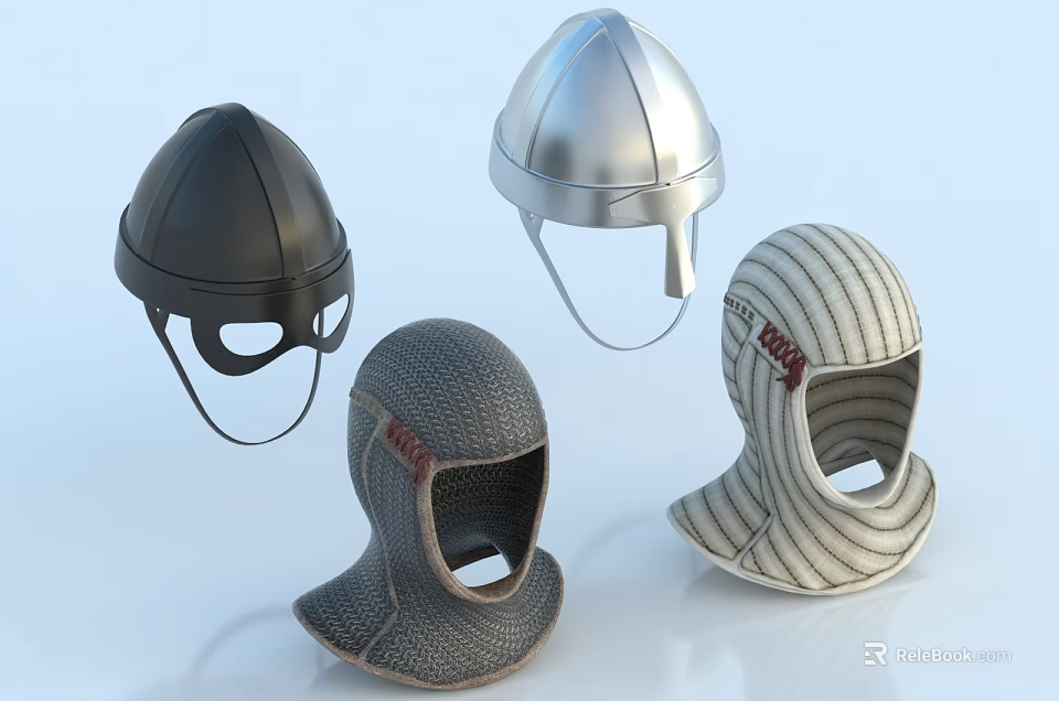 Medieval Helmets Collection Featuring Various Styles Metal Chainmail And Striped Leather Designs 3d model 