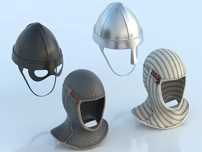 Medieval Helmets Collection Featuring Various Styles Metal Chainmail And Striped Leather Designs 3d model