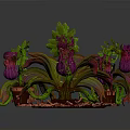 Vibrant Plants With Purple Blooms Green And Red Striped Leaves Brown Pot And Red Fragments