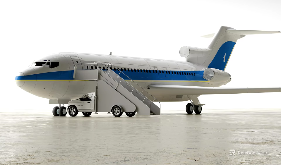 Blue and White Passenger Airplane with Boarding Stairs Parked on Tarmac 3d model 
