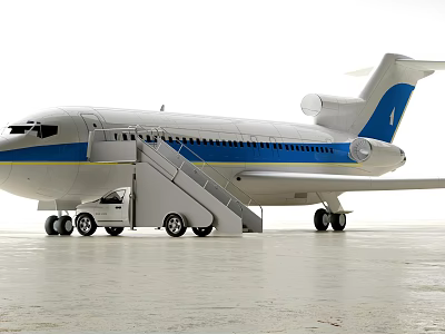 Blue and White Passenger Airplane with Boarding Stairs Parked on Tarmac 3d model