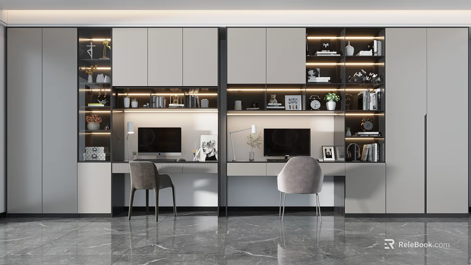 Elegant Modern Double Desk Interior With Bookshelves Table Lamps Chairs Storage Cabinets And Marble Floor 3d model 