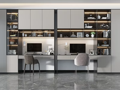 Elegant Modern Double Desk Interior With Bookshelves Table Lamps Chairs Storage Cabinets And Marble Floor 3d model