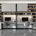 Elegant Modern Double Desk Interior With Bookshelves Table Lamps Chairs Storage Cabinets And Marble Floor
