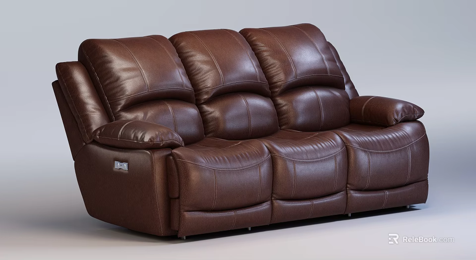 Comfortable Brown Leather Three-Seater Sofa With Modern Design Plush Cushions And Supportive Armrests 3d model 