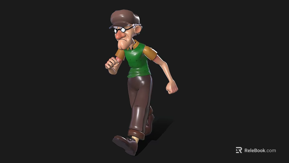 Cartoon Man Running Wearing Brown Hat Glasses Green Shirt And Brown Pants 3d model 
