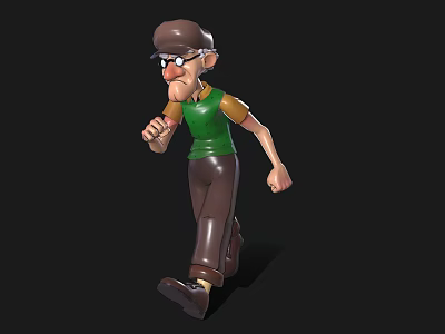 Cartoon Man Running Wearing Brown Hat Glasses Green Shirt And Brown Pants 3d model
