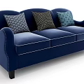 Navy Blue Three Seater Sofa With Studded Arms And Patterned Pillows Modern Design 3d model