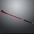 Red and Black Long Stick Weapon With Golden Accents And Black Handle