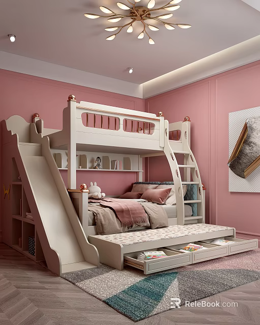 Pink Kids Room Interior With Bunk Bed Slide And Storage Drawers 3d model 