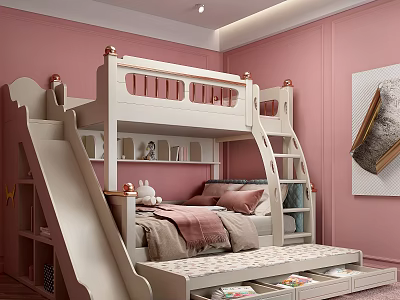 Pink Kids Room Interior With Bunk Bed Slide And Storage Drawers 3d model
