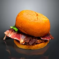Juicy Burger With Golden Brioche Bun Crispy Bacon And Fresh Green Herbs On Black Background