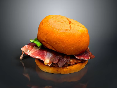 Juicy Burger With Golden Brioche Bun Crispy Bacon And Fresh Green Herbs On Black Background 3d model