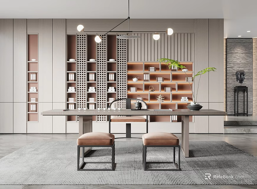 Modern Tea Room Interior Design With Wooden Bookshelves Long Table And Green Plant Decor 3d model 