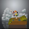 Girl Character On Green Grass Cliff Lifting Foot Holding Red Green Items Clouds And Puddle