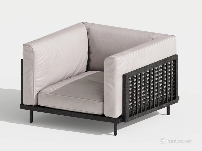 Modern Single Seater Sofa With Light Leather Upholstery And Black Lattice Frame 3d model 