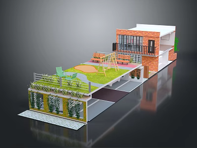 Detached Villa Featuring Rooftop Grass Area Swing And Green Plants Exterior 3d model
