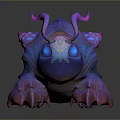 3D Render Fantasy Character And Mythical Creature With Purple Pink Horns Glowing Eyes Scaled Body