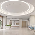 Modern Bright Hotel Lobby Interior With Circular Ceiling Reception Desk And Blue Chairs