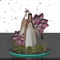 Traditional Costume Woman Standing With Pink Lotus Flowers Falling Petals Green Plants On Glowing Base