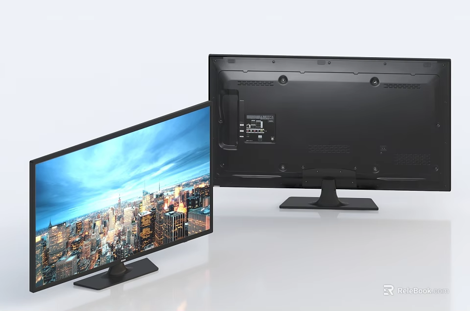 Modern Computer Monitor With Sleek Design Front Cityscape Display And Black Back View Structure 3d model 