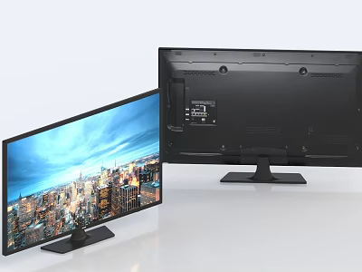 Modern Computer Monitor With Sleek Design Front Cityscape Display And Black Back View Structure 3d model
