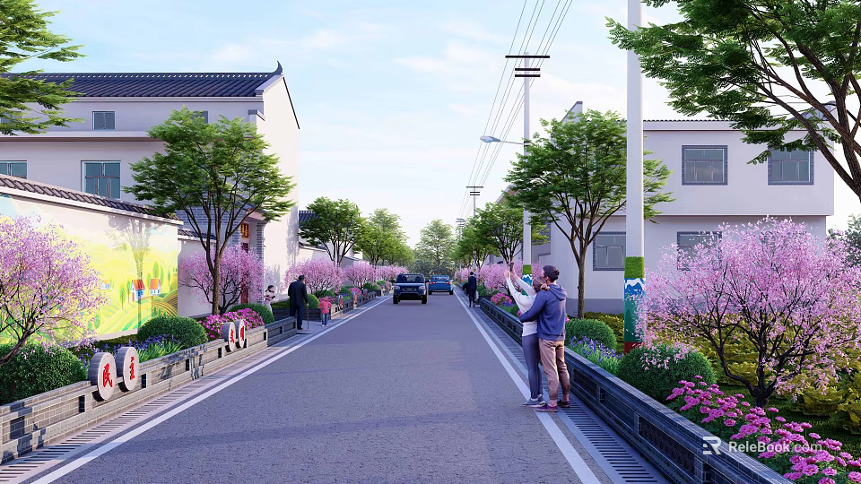 Roadside Garden Landscape Design With Pink Flowering Trees Green Belts And Residential Buildings 3d model 