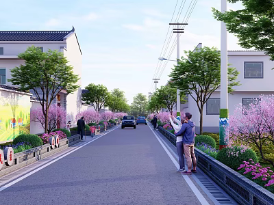 Roadside Garden Landscape Design With Pink Flowering Trees Green Belts And Residential Buildings 3d model