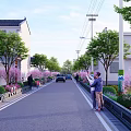 Roadside Garden Landscape Design With Pink Flowering Trees Green Belts And Residential Buildings