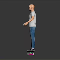A Man Standing On Skateboard Wearing White T-Shirt With THE MAN Print And Blue Jeans