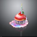 Delicious Cupcake With Lit Candle Strawberry And Green Decorations On Colorful Frosting Base