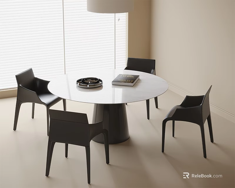 Modern Round Dining Table And Black Chairs Set With White Tabletop And Window Blinds 3d model