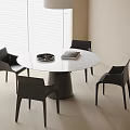 Modern Round Dining Table And Black Chairs Set With White Tabletop And Window Blinds 3d model
