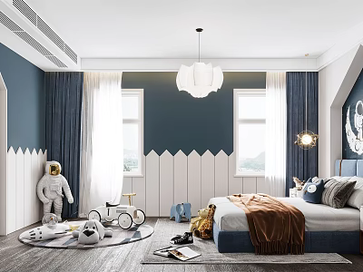 Cozy Kids Room Interior With Navy Blue Walls White Paneling Curtains Pendant Light And Toys 3d model