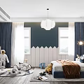 Cozy Kids Room Interior With Navy Blue Walls White Paneling Curtains Pendant Light And Toys