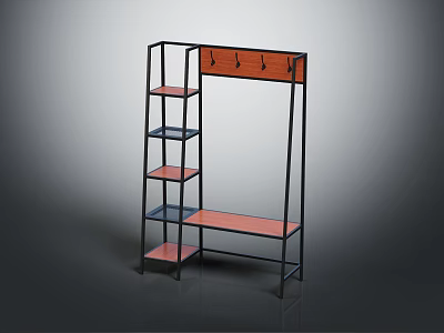 Modern Metal Frame Storage Shelf With Colored Shelves Top Hooks And Bottom Bench 3d model
