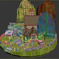 Whimsical Cartoon Scene with Cottage Weeping Willow Trees Waterfall Blue Car and Green Lawn