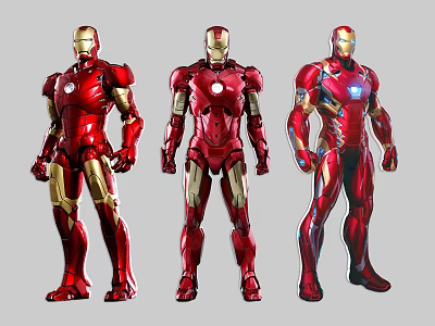 Iron Man Game And Movie Characters With Three Different Red Gold Armor Designs 3d model