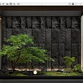 Courtyard Garden With Black Stone Wall Waterfall Green Tree Small Plants Stones Grass Round Light