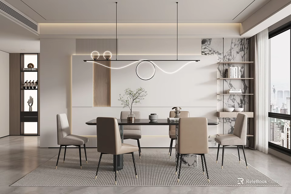 Modern Dining Room Interior With Round Table Beige Chairs Pendant Lights And Area Rug 3d model 