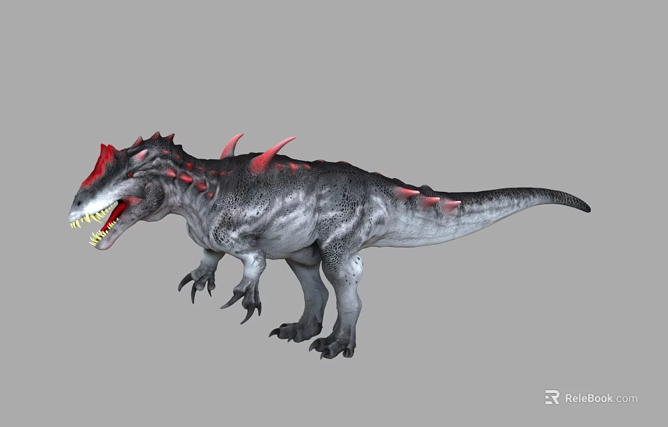 Realistic Dinosaur Model With Red Horns Spines And Open Mouth Sharp Teeth 3d model