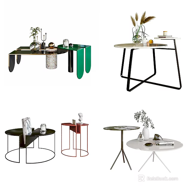 Various Modern Coffee Tables Featuring Different Shapes Metal Frames And Decorative Items 3d model