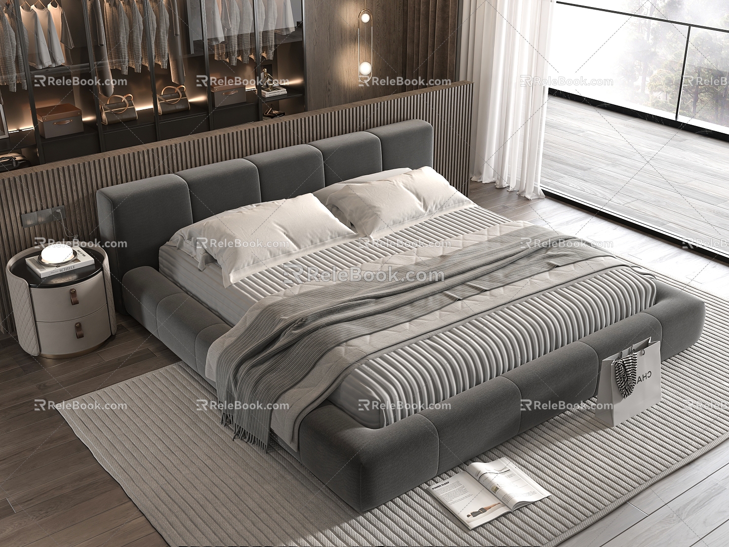 Minotti Double Bed Bedroom Wardrobe Nightstand 3d model