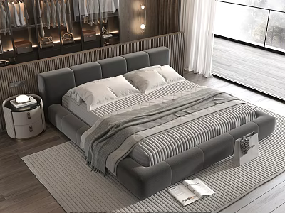 Modern Gray Double Bed in Bedroom with Soft Headboard Large Window Carpet Nightstand and Books 3d model