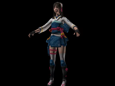 Traditional Blue And White Outfit Female Character With Ribbon Belt And Leg Wraps 3d model