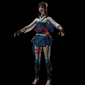Traditional Blue And White Outfit Female Character With Ribbon Belt And Leg Wraps