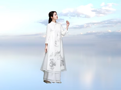 Woman In White Traditional Dress With Floral Patterns Standing Against Blue Sky And Clouds 3d model