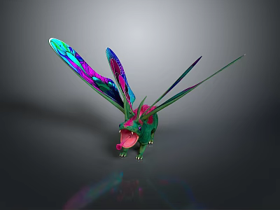 Game Character Dragon 3D Model With Colorful Wings Green Body Open Mouth Aggressive Gray Background 3d model