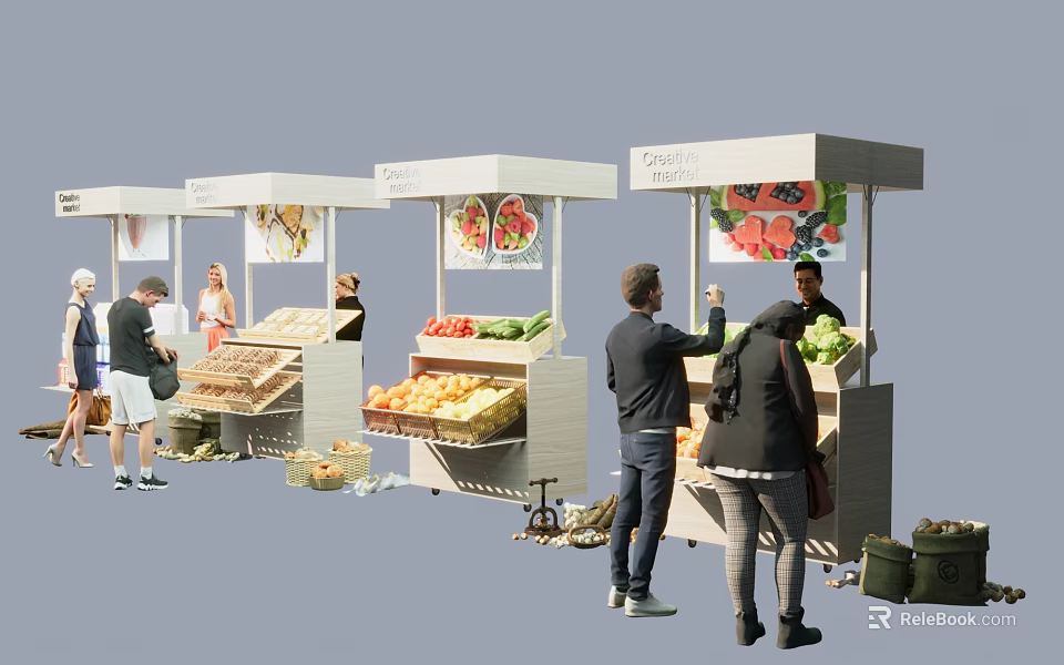 Fresh Fruit Stalls With Colorful Fruits And People Shopping In Market 3d model 